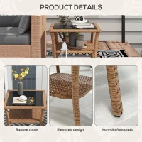Outsunny Rattan Side Table, Outdoor End Table with Storage Shelf, Aluminum Frame Square, Coffee Table with Tempered Glass Top, Sand(m-7)