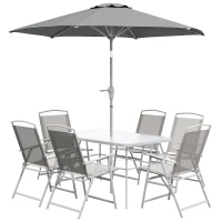 Outsunny 8 Piece Patio Dining Set with Table Umbrella, 6 Folding Chairs and Rectangle Dining Table, Grey(m-11)