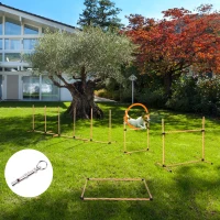 PawHut 4PC Portable Pet Agility Training Set Hurdle for Dog Obstacle Exercise with Adjustable Height Jump Ring High Jumper Weave Poles Square Pause Box Carry Bag Whistle Orange and White(m-8)