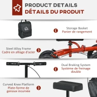 HOMCOM Adjustable Steerable Knee Walker, Foldable Knee Scooter with Rubber Wheels, Dual Brake, Crutch Alternative, Red(m-9)