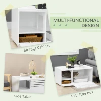 PawHut Cat Litter Box Enclosure with Spacious Interior, Cat Washroom Storage End Table for Indoor Cats with Hidden Storage Cabinet Space, Elevated Bottom, White(m-4)