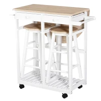 HOMCOM Kitchen Trolley 3 Piece Kitchen Cart Set Drop Leaf Breakfast Table and 2 Stools w/ Rolling Wheels & Towel Bars, Wood & White(m-11)
