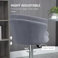 HOMCOM Adjustable Bar Stools Set of 2, Velvet Upholstered Kitchen Stool, Swivel Counter Height Barstool with Footrest for Dining Room, ‎Grey(m-5)