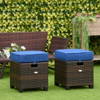 Outsunny 2 PCS Patio Wicker Ottoman Set, Two Square Outdoor PE Rattan Footrest with Removable Cushion, Freely Combined Furniture w/ Handle for Backyard, Garden, Poolside, Blue(m-1)