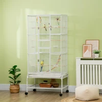 PawHut 71" Bird Cage with Wheels Perches, Ramp, Storage Shelf, Toys for Canaries, Finches, Cockatiels, Parakeets, White(m-1)