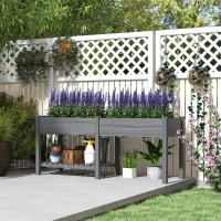 Outsunny Wood Raised Garden Box, Elevated Garden Bed with Side Table, Bottom Shelf, Bed Liners and Drainage Holes, Gray(m-2)