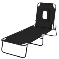 Outsunny Adjustable Outdoor Lounge Chair, Garden Folding Chaise Lounge with Face Hole Reclining Tanning Chair Seat, Folding Camping Beach Lounging Bed w/ Support Pillow, Black(m-12)