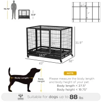 PawHut 43" Heavy Duty Dog Crate with Removable Tray, Lockable Wheels and Double Door, for Large and Extra Large Dogs, Black(m-3)
