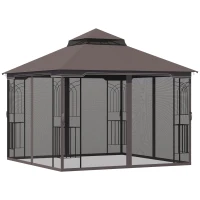 Outsunny 10'x10' Soft-top Patio Gazebo with Double Tier Roof, Mesh Curtains, Display Shelves, Top Hooks, Coffee(m-13)