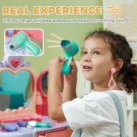 Qaba Kids Vanity Set with Mirror and Stool, Music, Light, Drawer, Hair Dryer, 20 Makeup Accessories, Multicolor(m-5)