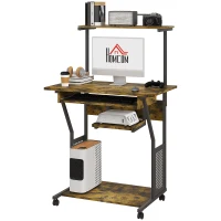 HOMCOM 32" Mobile Computer Table, Rolling Study Desk for Home Office with Keyboard Tray, Storage Shelves, Wheels, Rustic Brown(m-2)