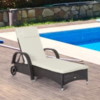 Outsunny Wicker Chaise Lounge, Outdoor Lounge Chair, PE Rattan Patio Sun lounger with Head-rest, 5-Level Height Adjust Backrest, Cushion & Wheels, Deep Coffee and Cream White(m-8)