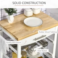 HOMCOM 3-Tier Kitchen Cart, Utility Cart with Solid Wood Top, Steel Basket, Rolling Kitchen Island with Drawer, Microwave Stand, White(m-6)