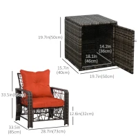 Outsunny 3 Pieces Wicker Patio Furniture Set, Rattan Bistro Set with Storage Coffee Table and Thickened Cushions, Outdoor Conversation Set for Garden, Porch, Balcony, Red(m-3)