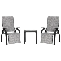 Outsunny Lounger Chair Set of 3 with 7-Level Adjustable Backrest, 5-Level Adjustable Footrest, Patio Chaise Lounge with Glass Top Side Table, Grey(m-11)