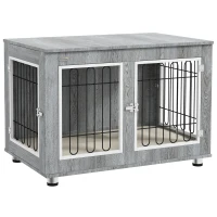PawHut Pet Crate Side End Table for Indoor Use with Cushion, Double Doors, Grey(m-11)