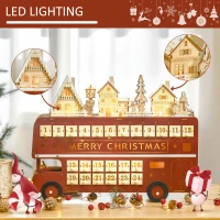 HOMCOM Christmas Advent Calendar, Light Up Table Xmas Wooden Bus Holiday Decoration with Countdown Drawer, Santa Claus Street House, for Kids and Adults(m-4)