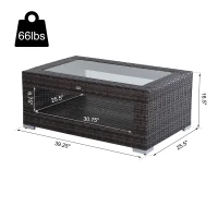 Outsunny 2-Tier Rattan Patio Coffee Table Outdoor Side Table PE Wicker Patio Garden Tea End Desk with Tempered Glass Top & Storage for Balcony, Backyard, Poolside(m-3)