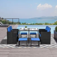 Outsunny 9 Pieces Wicker Patio Dining Set Outdoor Furniture Set with Removable Cushions, Glass Top Dining Table, Ottomans, PE Rattan Conversation Set for Garden Poolside, Blue(m-13)