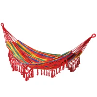 Outsunny Brazilian Style Hammock Extra Large Cotton Hanging Camping Bed with Carrying Bag, for Patio Backyard Poolside, Rainbow Stripe(m-2)