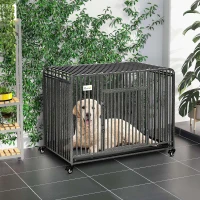 PawHut Heavy Duty Dog Crate, Foldable Pet Kennel Cage, with All Steel Frame Removable Tray, 4 Locking Wheels, for Medium & Large Dogs, Dark Silver(m-1)