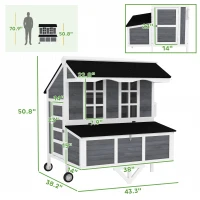 PawHut 43" Chicken Coop with Wheels, Chicken Tractor with Nesting Box, Windows, Pull-out Tray, Perches, for 2-4 Hens, Gray(m-3)