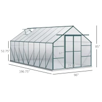 Outsunny 16' x 8' Aluminum Greenhouse Polycarbonate Walk-in Garden Greenhouse Kit with Adjustable Roof Vent, Rain Gutter and Sliding Door for Winter, Clear(m-3)