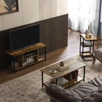 HOMCOM Living Room Furniture Set, Industrial Living Room Tables and TV Stand for 55" TVs, 2-tier Coffee Table and C-shaped Side Table with Storage Shelves, Rustic Brown(m-8)