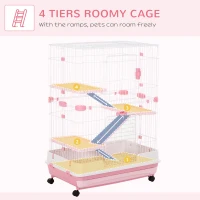 PawHut 32"L 4-Level Small Animal Cage with Universal Lockable Wheels, Slide-out Tray for Bunny, Chinchillas, Ferret, Pink(m-4)