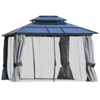 Outsunny 10'x12' Hardtop Patio Gazebo Aluminum Gazebo Canopy with Double Tier Roof, Curtains, Netting Sidewalls, Black & Grey(m-11)