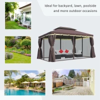 Outsunny 10 x 13ft Aluminum Frame Gazebo Canopy Double Tier Garden Shelter with Netting and Curtains, Coffee(m-6)