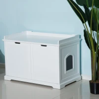 PawHut 2-in-1 Covered Cat Litter Box Washroom Storage Hideaway Cabinet Bench Home Decor, White(m-8)