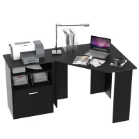 HOMCOM Computer Desk with Printer Cabinet, L-Shaped Corner Desk with Storage, Study PC Workstation for Home Office, Black(m-11)