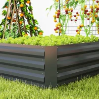 Outsunny Galvanized Raised Garden Bed with Trellis for Climbing Plants, Outdoor Planter Box with Open Bottom, Dark Grey(m-10)