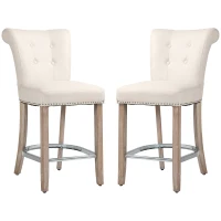 HOMCOM Bar Stools Set of 2, Upholstered Counter Height Stools with Button Tufted Back, Wood Legs and Footrest, Cream White(m-11)
