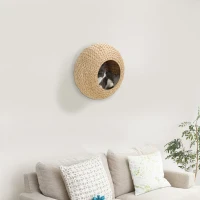 PawHut Wall Mounted Cat Condo with Washable Cushion, Natural Wood(m-10)