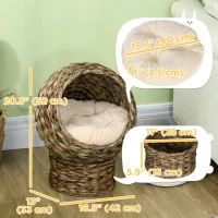 PawHut Wicker Cat Bed with Cushion, Stand, for Indoor Cats, Dark Brown(m-3)