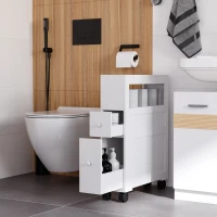 HOMCOM 6.25" x 20.5" x 28.25" Wood Rolling Narrow Bathroom Side Storage Cabinet - White(m-9)