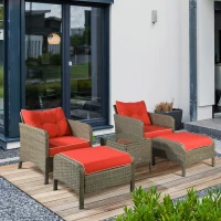 Outsunny 5 Pieces Wicker Patio Furniture Sofa Set Thick Padded Cushions, Outdoor PE Rattan Conversation Coffee Set with Armchairs, Footstools and Glass Top Table, Red(m-8)