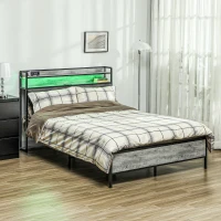 HOMCOM Full Bed Frame with Storage Upholstered Headboard, Full Size Bed Frame with LED Lights, Charging Station, Cement Gray(m-2)