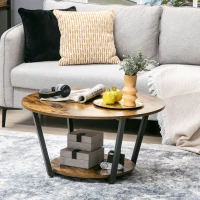 HOMCOM 2-Tier Round Coffee Table with Storage Shelf, Industrial Center Table with Steel Frame for Living Room, Rustic Brown(m-1)
