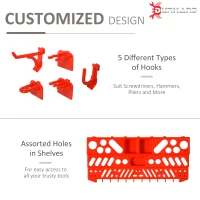 DURHAND 54 Piece Plastic Pegboard Panels, Peg Board with Accessories, Shelf Tool Organizer, Wall Mounted DIY Garage Storage with 50 Hooks, Red(m-4)