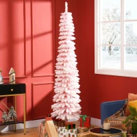HOMCOM 7ft Snow-Flocked Artificial Christmas Tree, Slim Pencil Xmas Tree with 490 Realistic Branches, Metal Base, Pink(m-1)