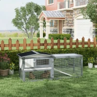 PawHut Large Rabbit Cage Outdoor 61"L Guinea Pig Hutch w/ Run Feeding Trough Removable Tray Ramp Asphalt Roof, White(m-10)
