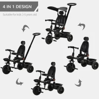 Qaba Kids Tricycle 4 In 1 Trike with Reversible Angle Adjustable Seat Removable Handle Canopy Handrail Belt Storage Footrest Brake Clutch for 1-5 Years Old Black(m-4)