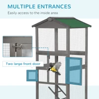 PawHut 65" Wooden Bird Cage Outdoor Aviary House for Parrot, Parakeet, with Pull Out Tray and 2 Doors, Grey(m-5)