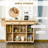 HOMCOM Kitchen Island on Wheels, Natural Hardwood Kitchen Cart with Drawers, Storage Cabinets, and Tool Caddy, Microwave Cart for Dining Room, 54 Inches Wide(m-4)