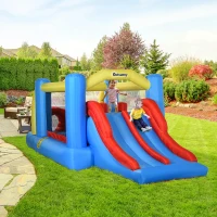 Outsunny Kids Inflatable Bounce House 4-in-1 Jumping Castle with Double Slides, Obstacle Course, Climbing Walls, & Trampoline, 750W Air Blower Included(m-10)