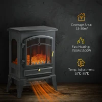 HOMCOM Electric Fireplace Heater Freestanding Fireplace Stove with 3-Side Realistic Flame Overheat Protection 750W/1500W, Black(m-6)