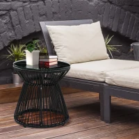 Outsunny Round End Table, Rattan Side Table, Hollow Drum Design Coffee Table w/ Glass Tabletop for Patio, Garden, Balcony, Black(m-8)